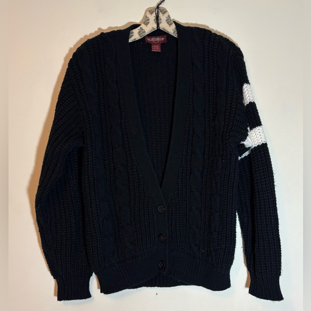 CHECKMATE Black White Knit V-Neck Cardigan Sweater Size M